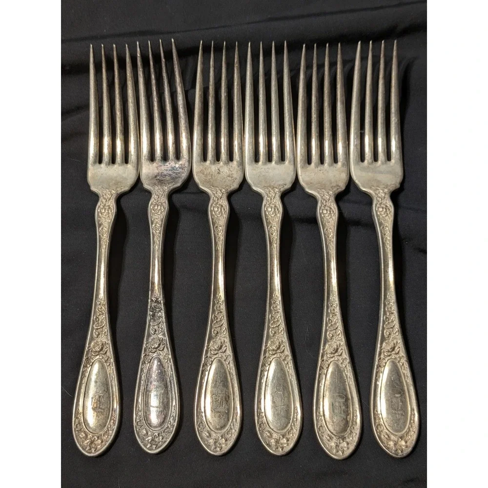 Lot of 6 Vintage 1835 R. Wallace Silverplate Dinner Forks Pat 1902 - Monogram